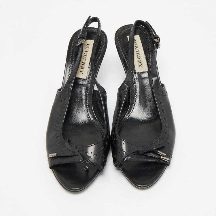 Pre Owned Burberry Black Leather Brogue Bow Open Toe Slingback Sandals Size 37