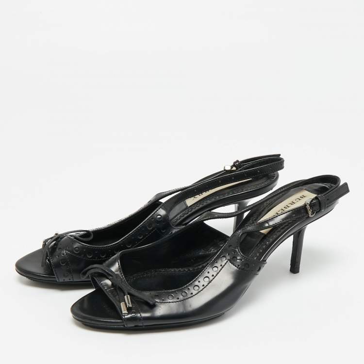 Pre Owned Burberry Black Leather Brogue Bow Open Toe Slingback Sandals Size 37