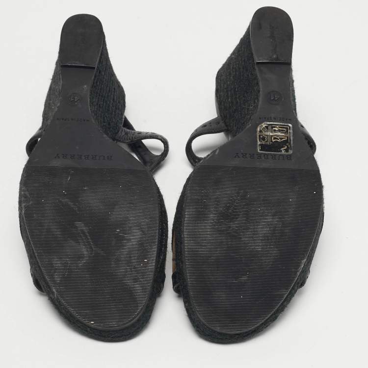 Pre Owned Burberry Beige/Black Check Leather and Canvas Espadrille Wedge Sandals Size 41