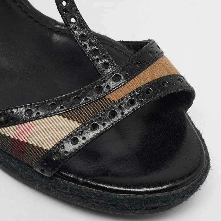 Pre Owned Burberry Beige/Black Check Leather and Canvas Espadrille Wedge Sandals Size 41