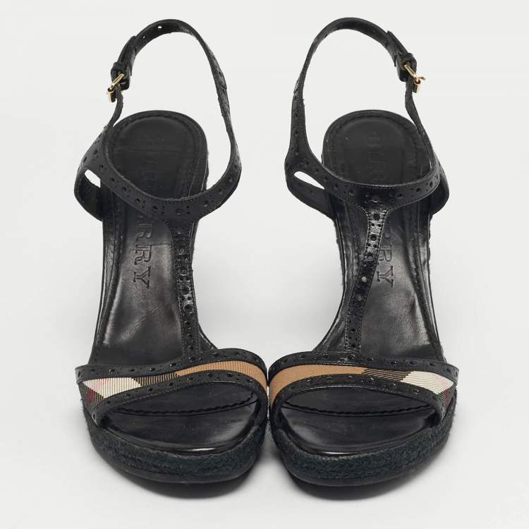 Pre Owned Burberry Beige/Black Check Leather and Canvas Espadrille Wedge Sandals Size 41