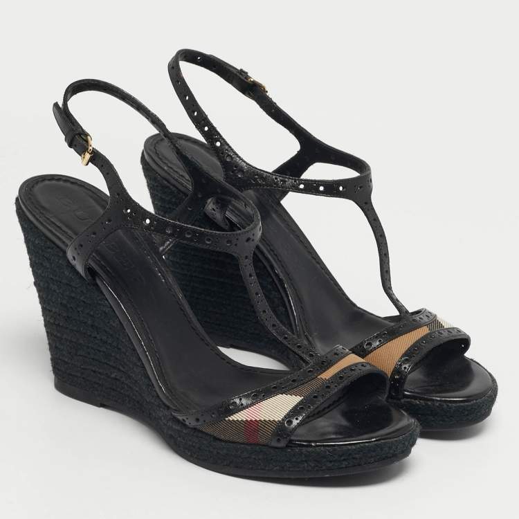 Pre Owned Burberry Beige/Black Check Leather and Canvas Espadrille Wedge Sandals Size 41