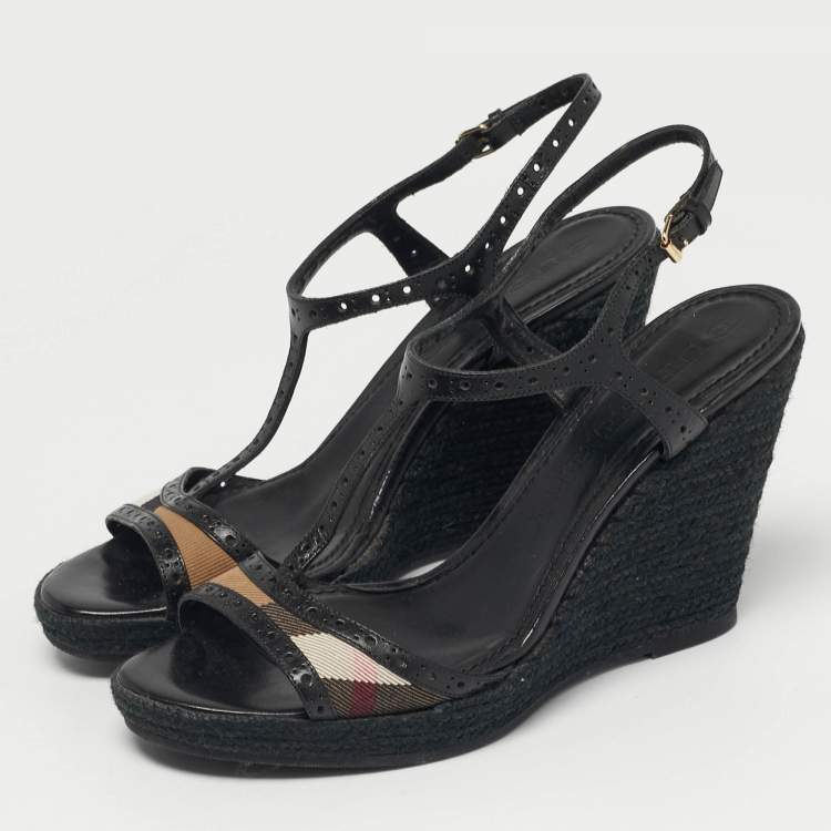 Pre Owned Burberry Beige/Black Check Leather and Canvas Espadrille Wedge Sandals Size 41