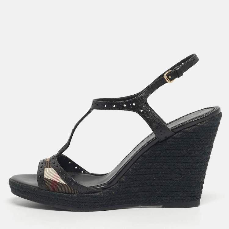 Pre Owned Burberry Beige/Black Check Leather and Canvas Espadrille Wedge Sandals Size 41