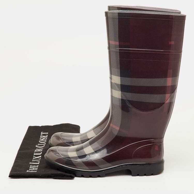 Pre Owned Burberry Size 38 Burgundy Novacheck Rubber Rain Boots