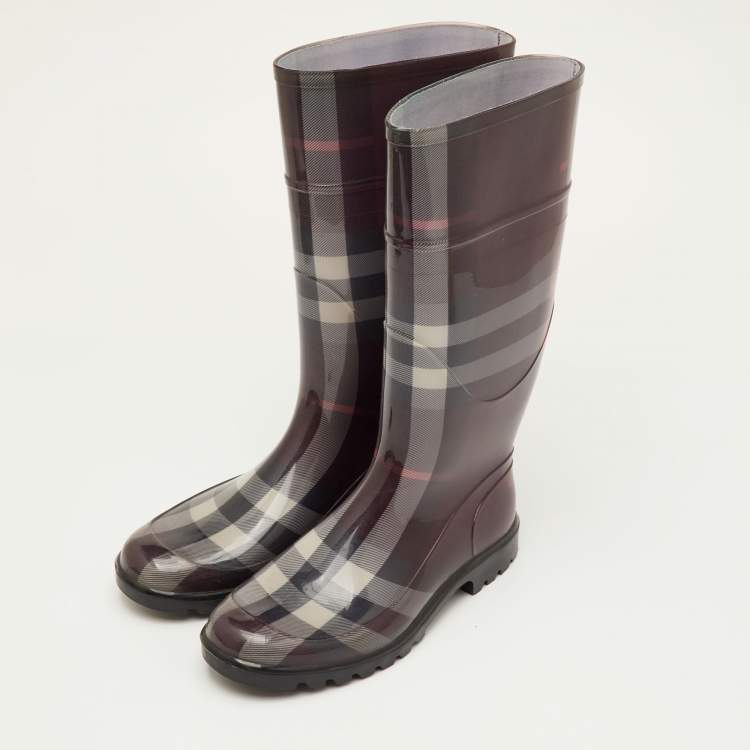 Pre Owned Burberry Size 38 Burgundy Novacheck Rubber Rain Boots