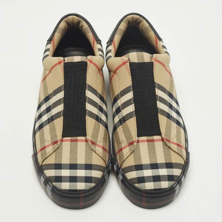 Pre Owned Burberry Markham Size 35 Beige Check Fabric and Leather Slip On Sneakers