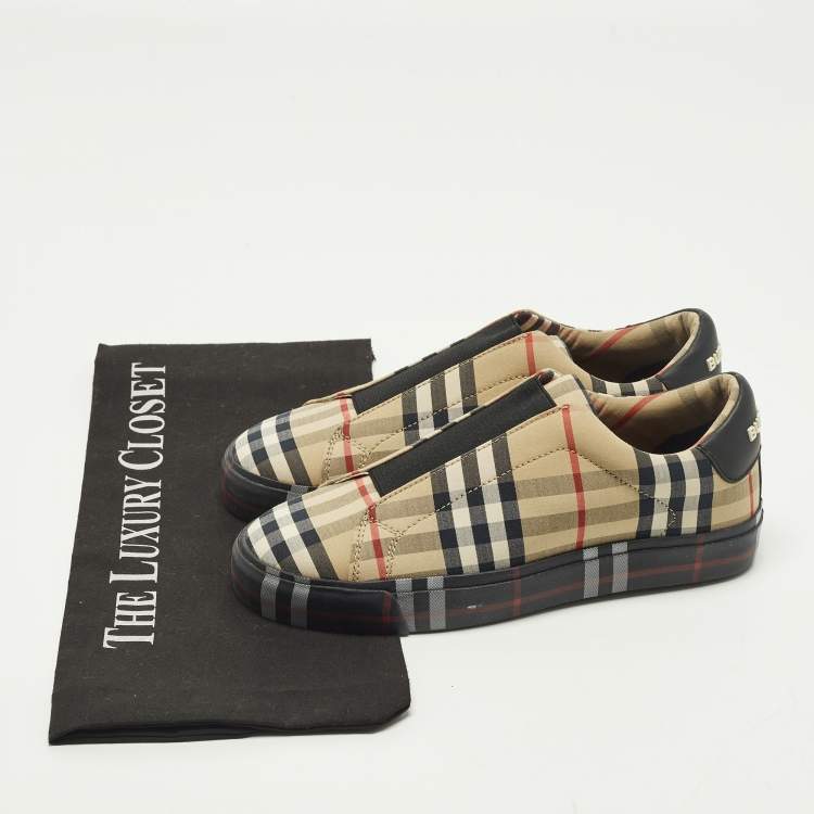 Pre Owned Burberry Markham Size 35 Beige Check Fabric and Leather Slip On Sneakers