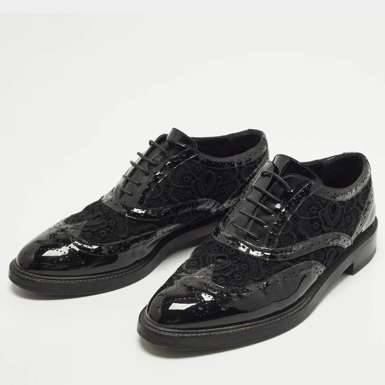 Pre Owned Burberry Size 37 Black Lace, Mesh and Patent Leather Brogues