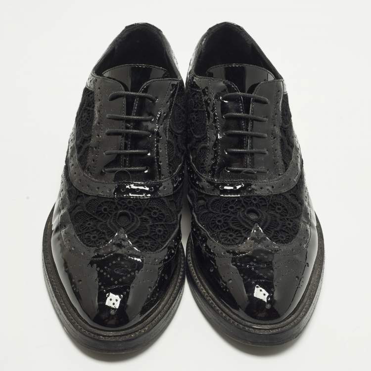Pre Owned Burberry Size 37 Black Lace, Mesh and Patent Leather Brogues