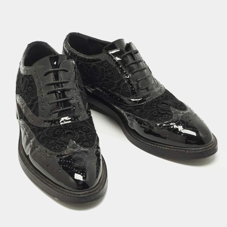 Pre Owned Burberry Size 37 Black Lace, Mesh and Patent Leather Brogues