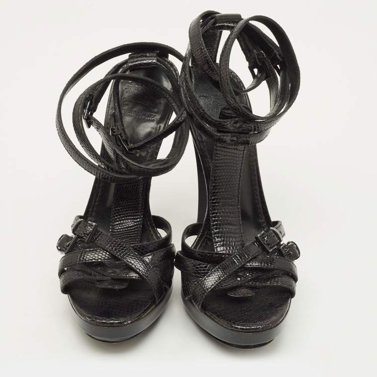 Pre Owned Burberry Size 37 Black Lizard Embossed Leather Ankle Strap Sandals