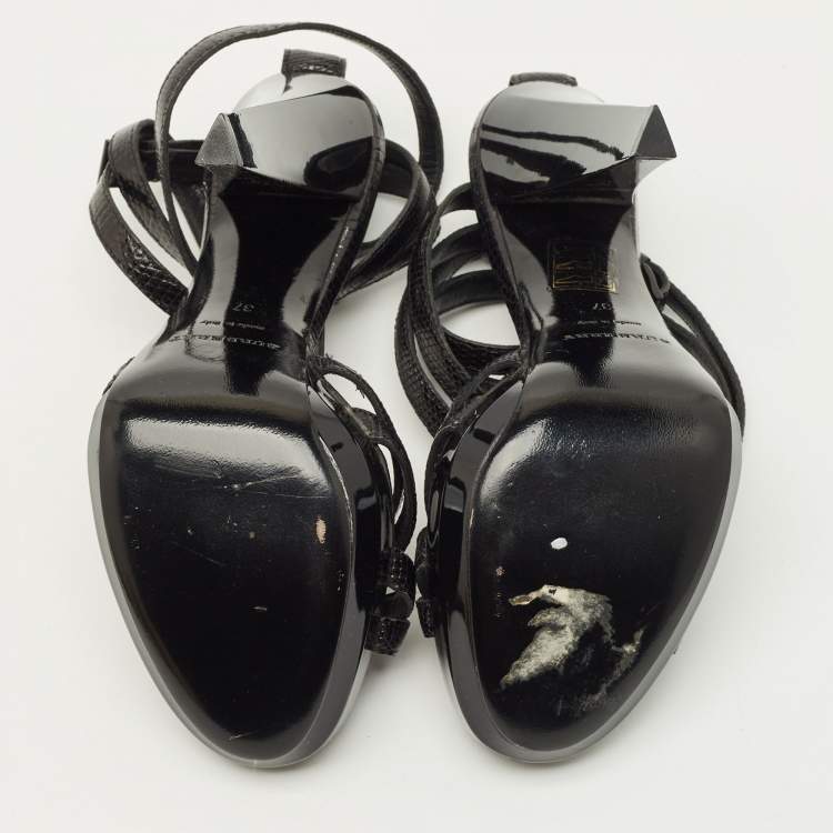 Pre Owned Burberry Size 37 Black Lizard Embossed Leather Ankle Strap Sandals
