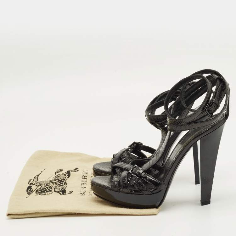 Pre Owned Burberry Size 37 Black Lizard Embossed Leather Ankle Strap Sandals