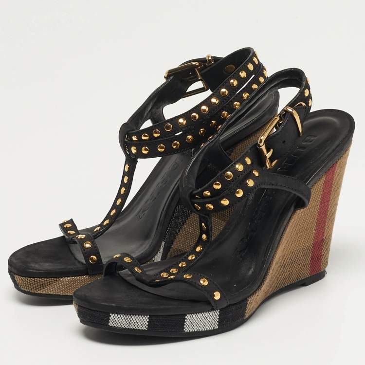 Pre Owned Burberry Harbeton Size 35 Black Nubuck Leather Wedge Sandals