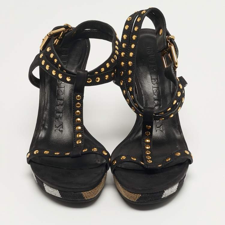 Pre Owned Burberry Harbeton Size 35 Black Nubuck Leather Wedge Sandals