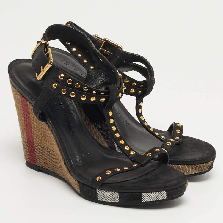 Pre Owned Burberry Harbeton Size 35 Black Nubuck Leather Wedge Sandals
