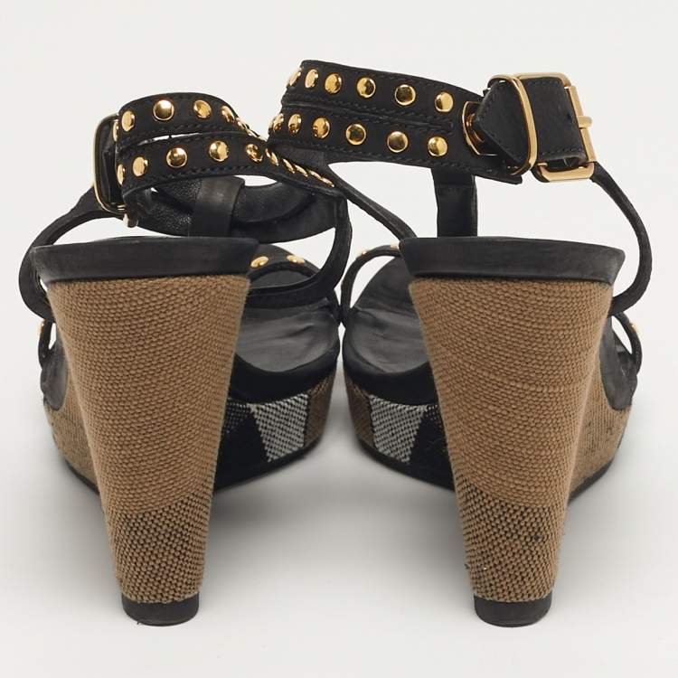 Pre Owned Burberry Harbeton Size 35 Black Nubuck Leather Wedge Sandals