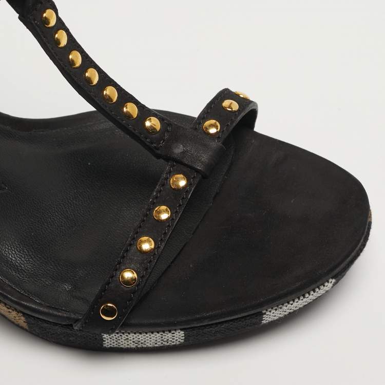 Pre Owned Burberry Harbeton Size 35 Black Nubuck Leather Wedge Sandals