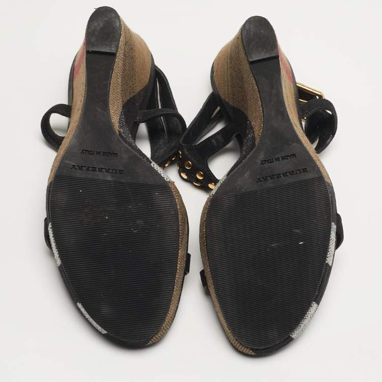Pre Owned Burberry Harbeton Size 35 Black Nubuck Leather Wedge Sandals