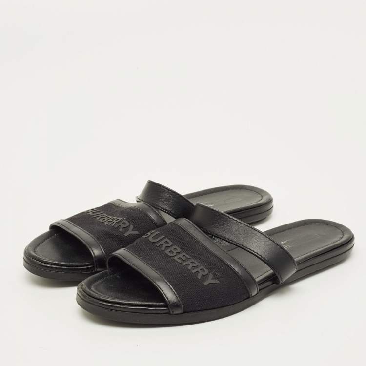 Pre Owned Burberry Black Canvas And Leather Flat Slides Size 38