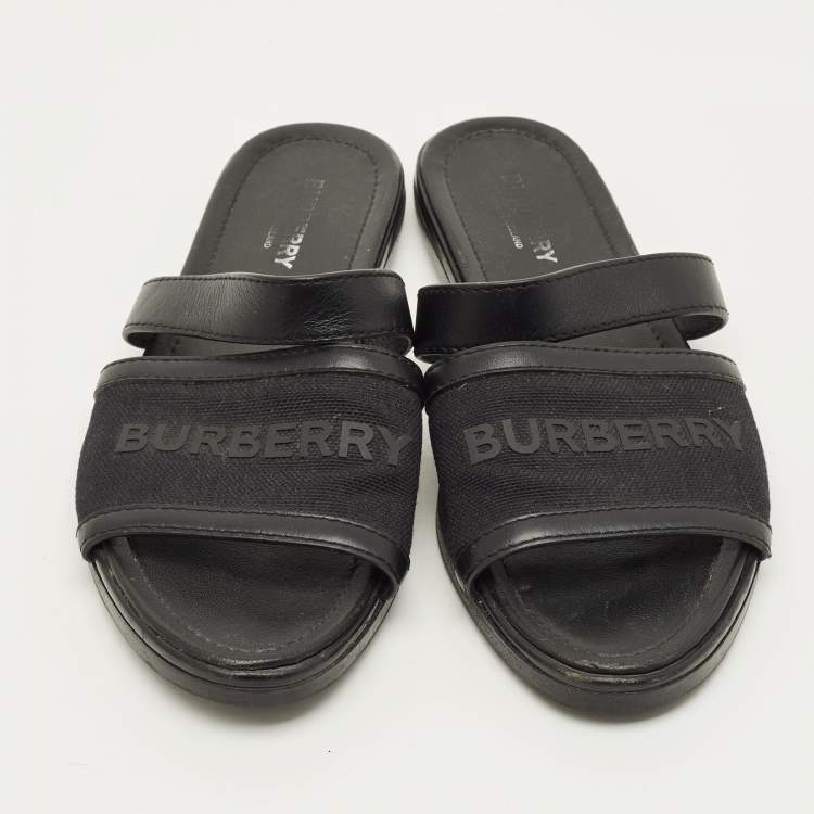 Pre Owned Burberry Black Canvas And Leather Flat Slides Size 38