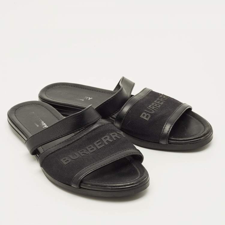 Pre Owned Burberry Black Canvas And Leather Flat Slides Size 38