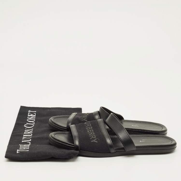 Pre Owned Burberry Black Canvas And Leather Flat Slides Size 38
