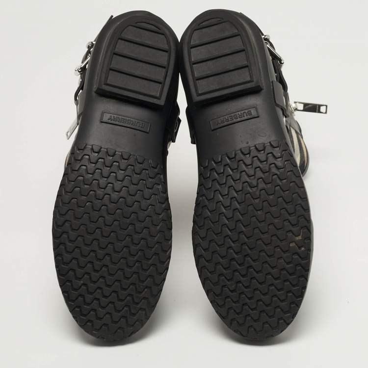 Pre Owned Burberry Check Size 39 Black Leather and Rubber Rain Boots