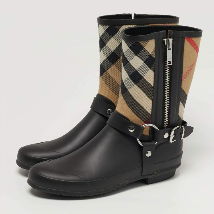 Pre Owned Burberry Check Size 39 Black Leather and Rubber Rain Boots