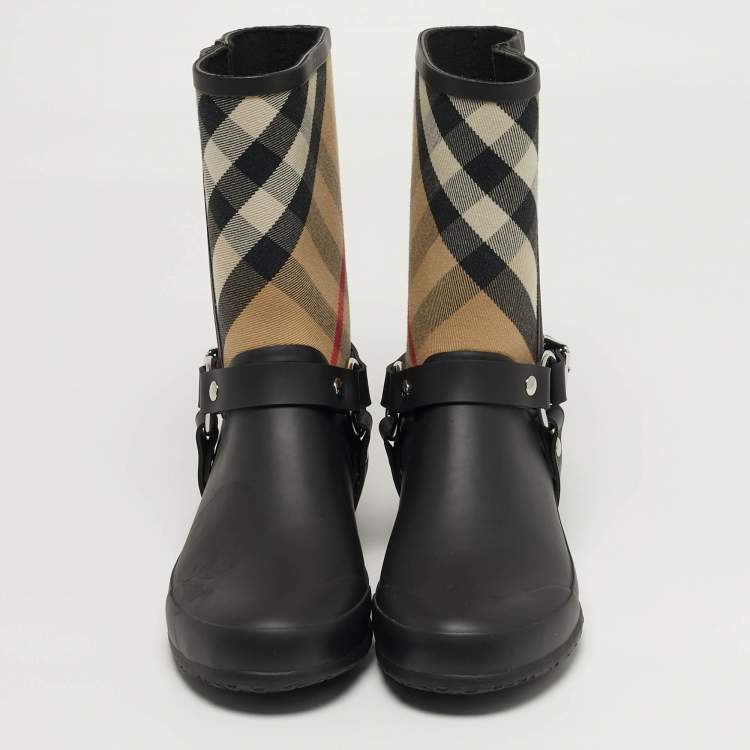 Pre Owned Burberry Check Size 39 Black Leather and Rubber Rain Boots