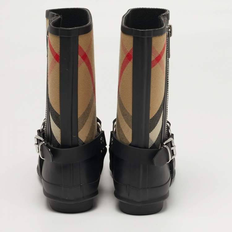 Pre Owned Burberry Check Size 39 Black Leather and Rubber Rain Boots