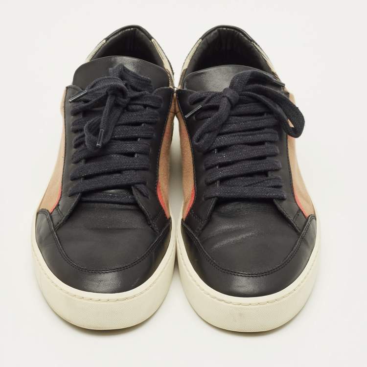 Pre Owned Burberry Check Size 39 Black/Beige House Check Canvas and Leather Lace Up Sneakers