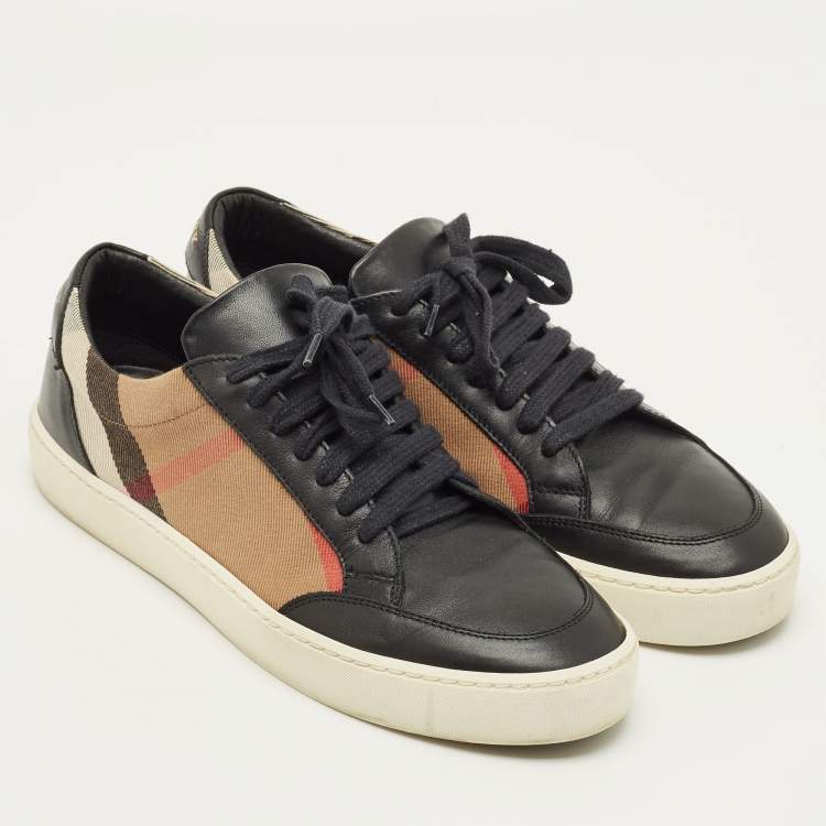 Pre Owned Burberry Check Size 39 Black/Beige House Check Canvas and Leather Lace Up Sneakers