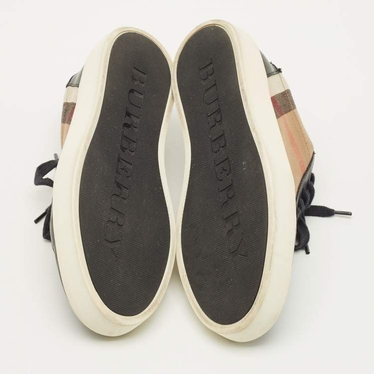 Pre Owned Burberry Check Size 39 Black/Beige House Check Canvas and Leather Lace Up Sneakers