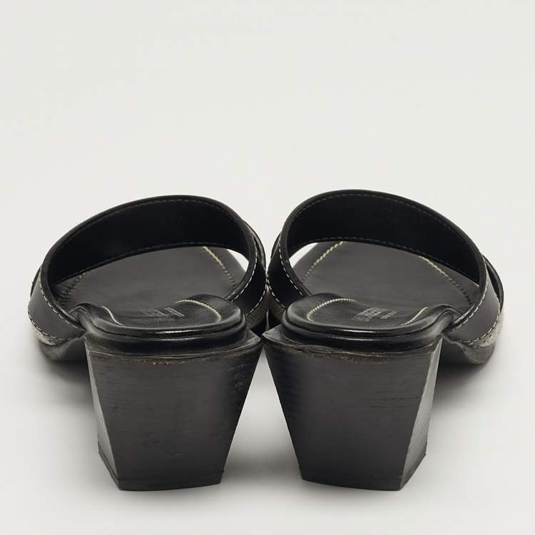 Pre Owned Burberry Honour Size 37 Black/White Canvas and Leather Slide Sandals