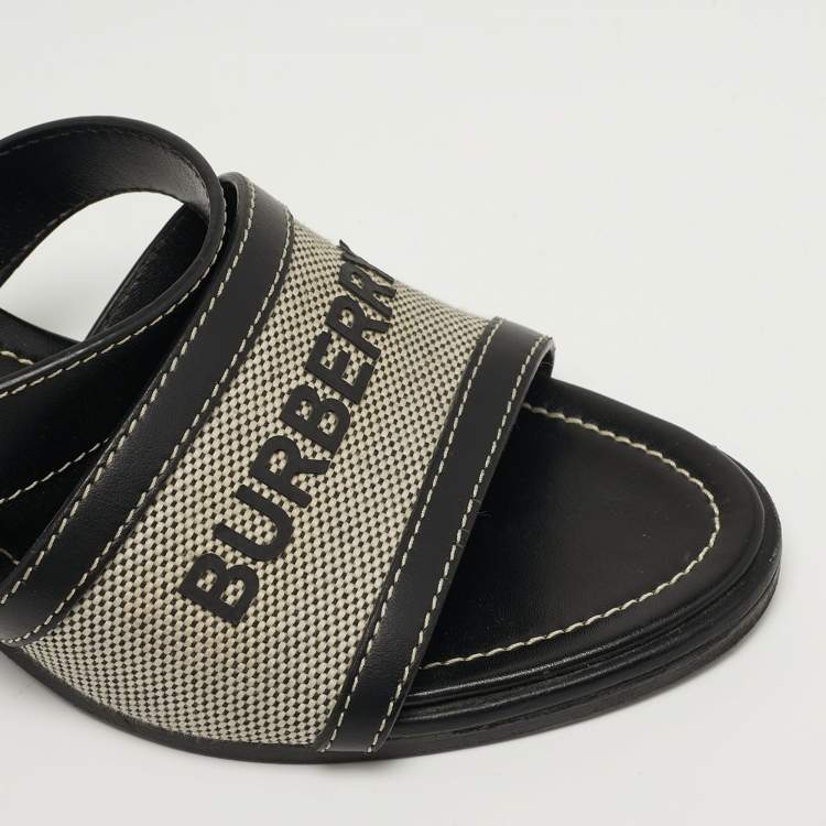 Pre Owned Burberry Honour Size 37 Black/White Canvas and Leather Slide Sandals