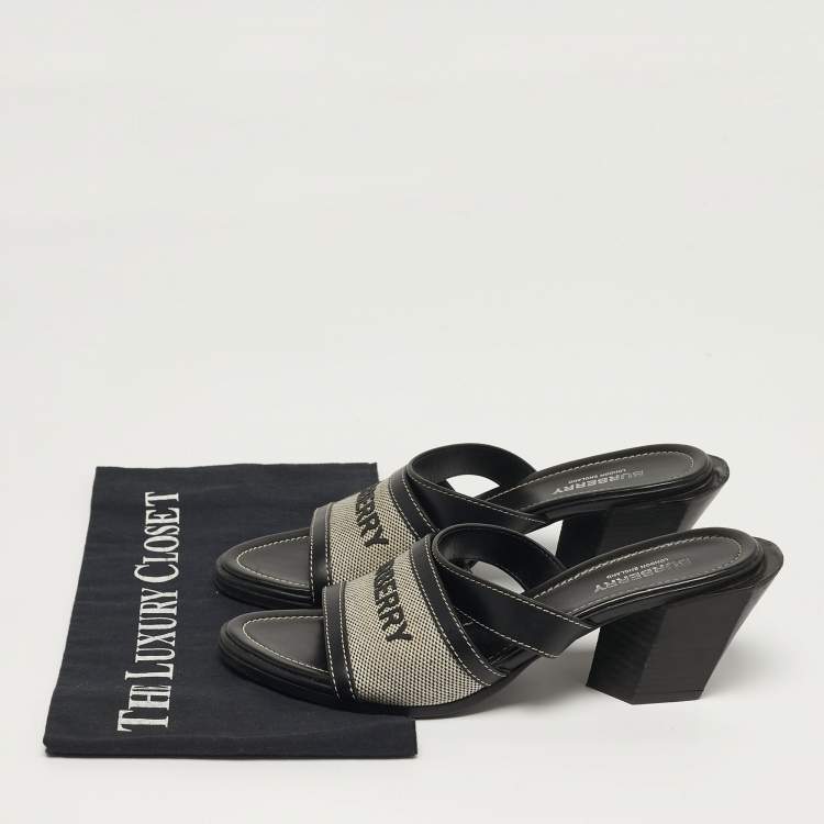 Pre Owned Burberry Honour Size 37 Black/White Canvas and Leather Slide Sandals