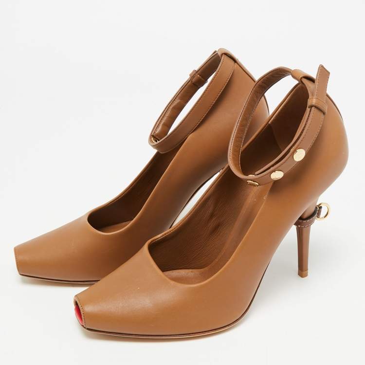 Pre Owned Burberry D-Ring Size 37 Brown Leather Ankle Strap Peep Toe Pumps