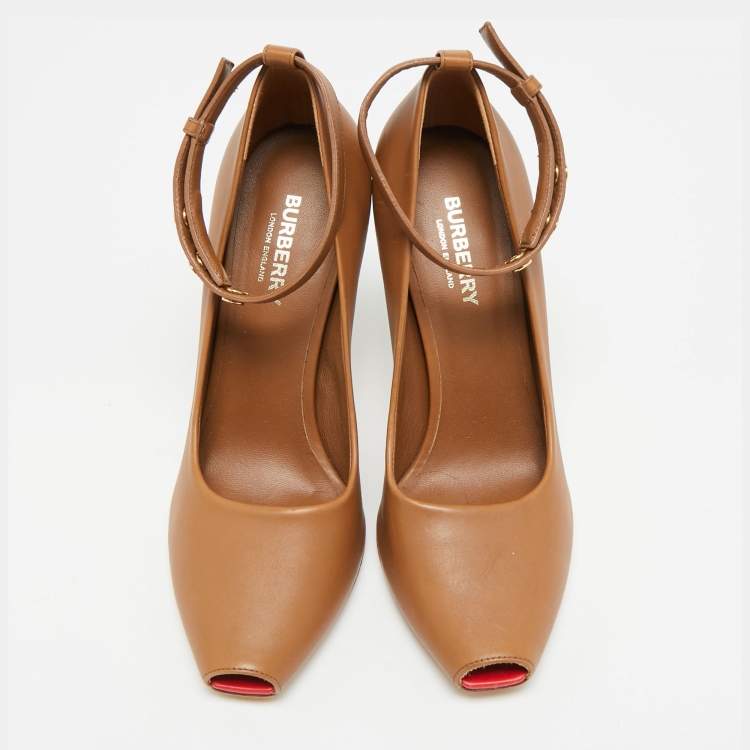 Pre Owned Burberry D-Ring Size 37 Brown Leather Ankle Strap Peep Toe Pumps