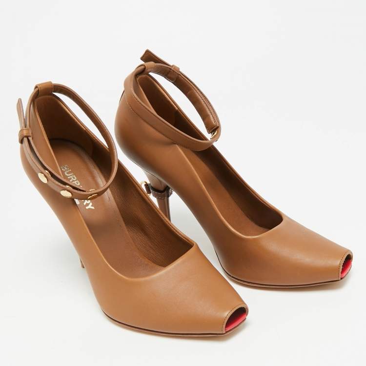 Pre Owned Burberry D-Ring Size 37 Brown Leather Ankle Strap Peep Toe Pumps
