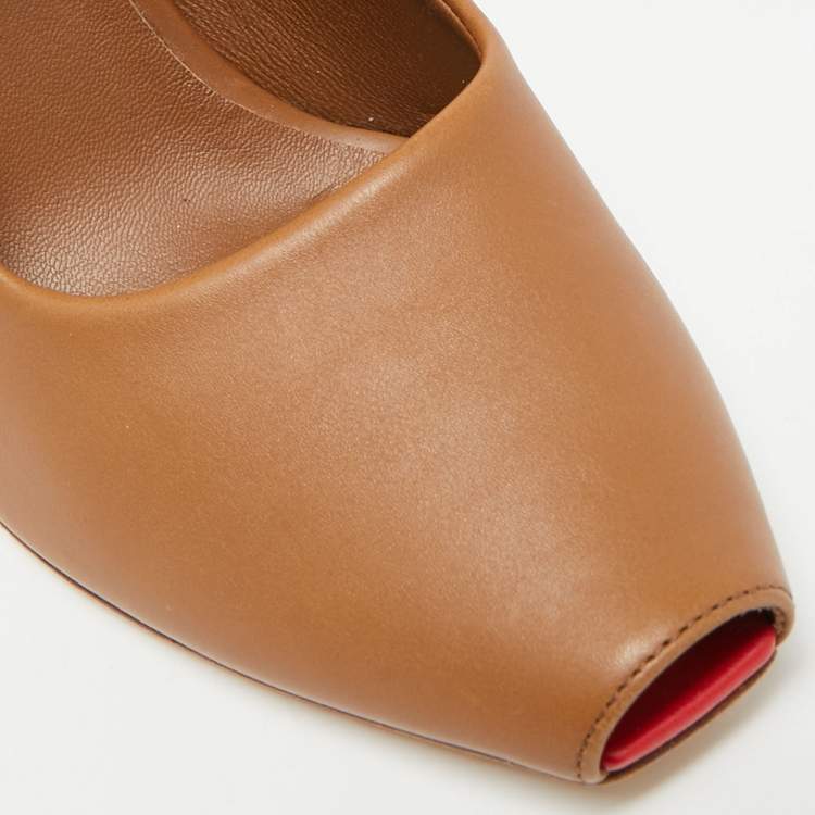 Pre Owned Burberry D-Ring Size 37 Brown Leather Ankle Strap Peep Toe Pumps