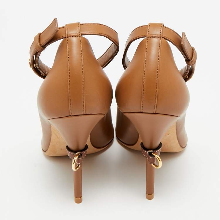 Pre Owned Burberry D-Ring Size 37 Brown Leather Ankle Strap Peep Toe Pumps