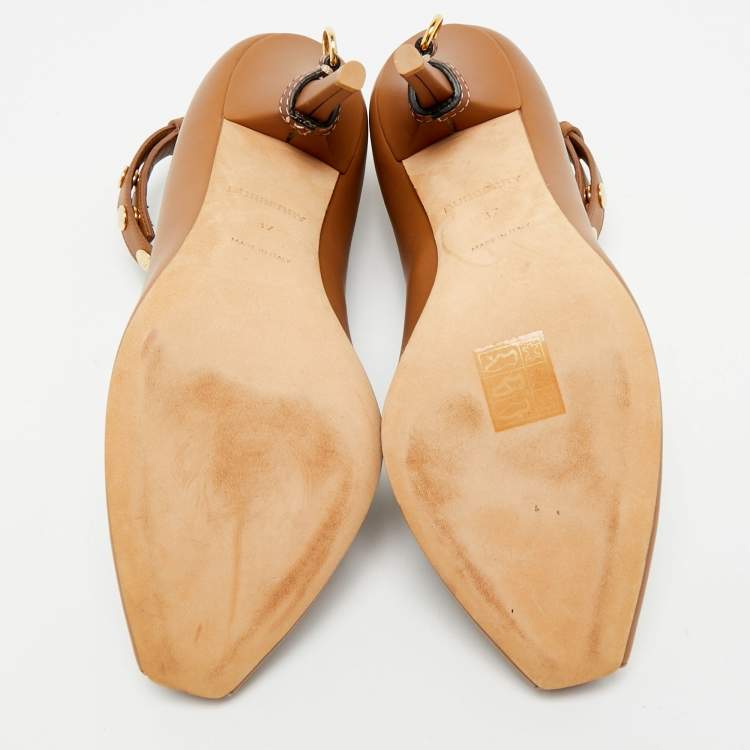 Pre Owned Burberry D-Ring Size 37 Brown Leather Ankle Strap Peep Toe Pumps