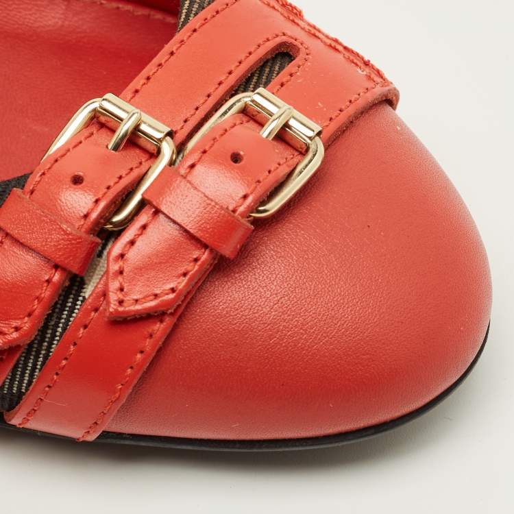 Pre Owned Burberry Size 35 Red/Beige Leather and Nova Check Canvas Buckle Detail Ballet Flats
