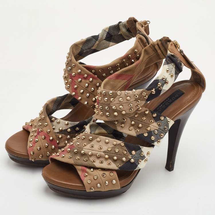 Pre Owned Burberry Size 39 Multicolor Nova Check Canvas Spike Studded Platform Sandals