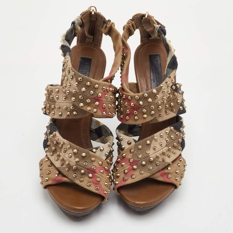 Pre Owned Burberry Size 39 Multicolor Nova Check Canvas Spike Studded Platform Sandals