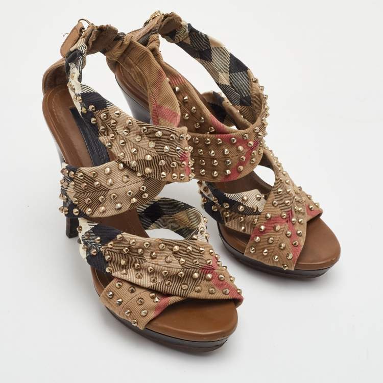 Pre Owned Burberry Size 39 Multicolor Nova Check Canvas Spike Studded Platform Sandals
