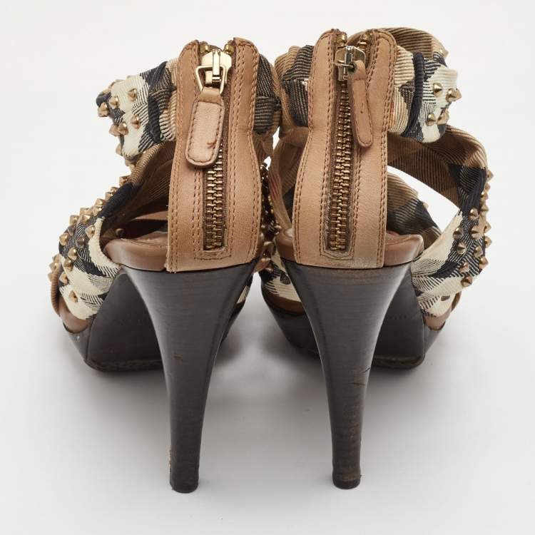 Pre Owned Burberry Size 39 Multicolor Nova Check Canvas Spike Studded Platform Sandals