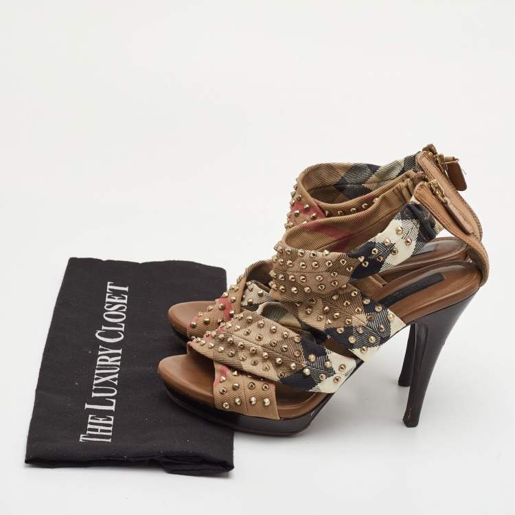 Pre Owned Burberry Size 39 Multicolor Nova Check Canvas Spike Studded Platform Sandals